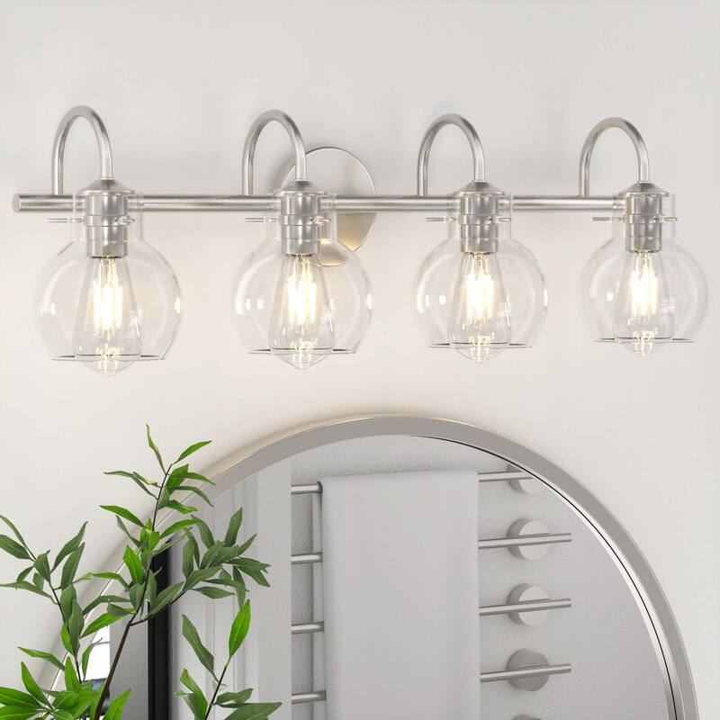 Modern 2/3/4 Bathroom Vanity Lights Clear Globe Glass Shade - 4-Light/24.6" - Silver