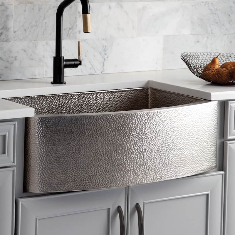 Rhapsody Hand-Hammered Copper Farmhouse Kitchen Sink - 33" x 20.5" x 10.25" - Brushed Nickel