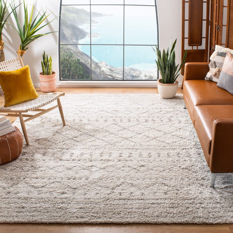 SAFAVIEH Arizona Shag Lotta Moroccan 1.2-inch Thick Rug - 8' x 8' Square - Ivory/Beige