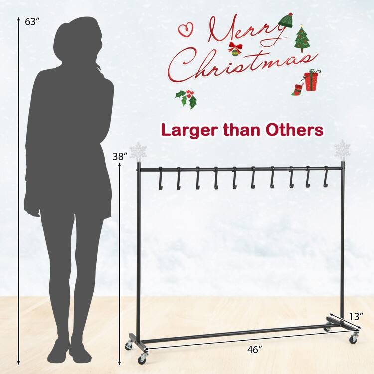 Freestanding Christmas Stocking Holder Rack with 10 Hooks 6 Interchangeable Toppers and Lockable Wheels - 46" x 13" x 38"