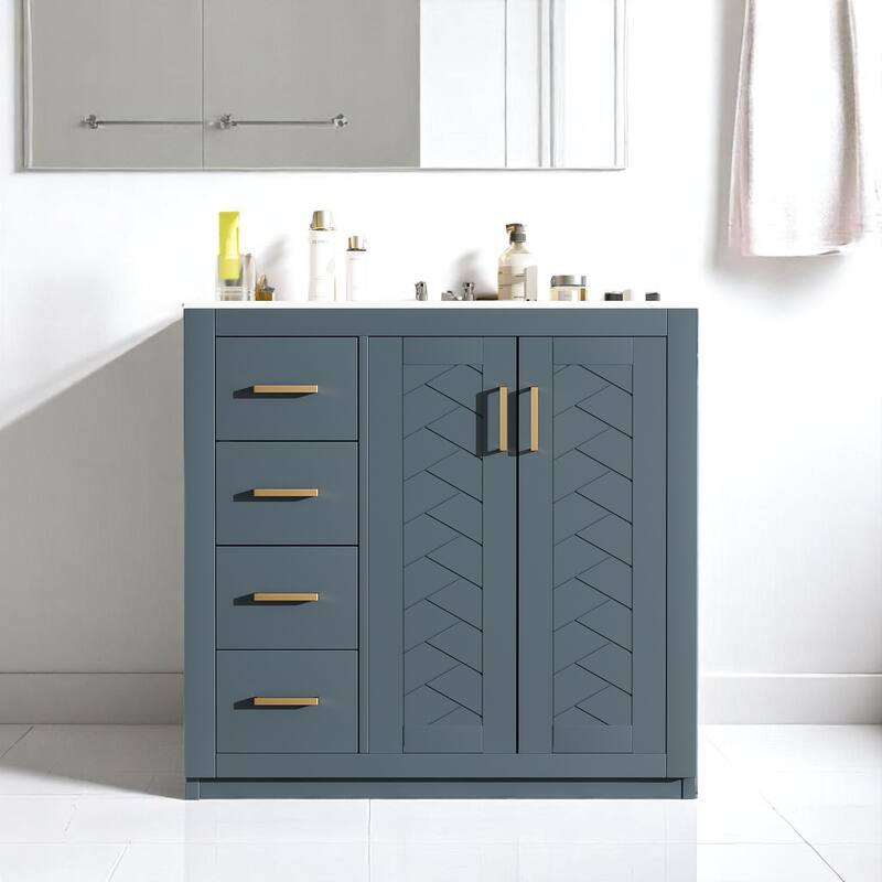 36 Inch Bathroom Vanity with Sink Combo, Modern Storage Cabinet with 3 Drawers, Undermount Ceramic Basin - Blue