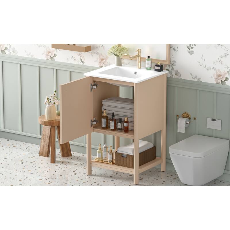 Roomfitters 20" Bathroom Vanity with Ceramic Sink, Freestanding French Style Storage Cabinet with Soft Close Door, Cream White