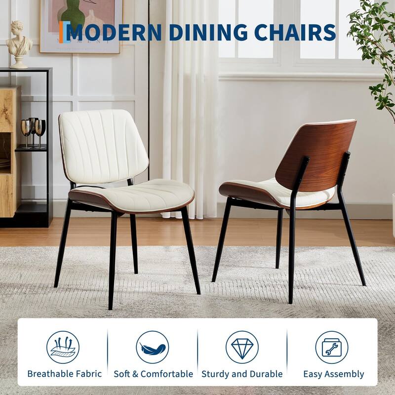 Dining Chairs Set of 2, Modern PU Leather Upholstered Accent Chairs with Shell Strips, Walnut Bentwood Back