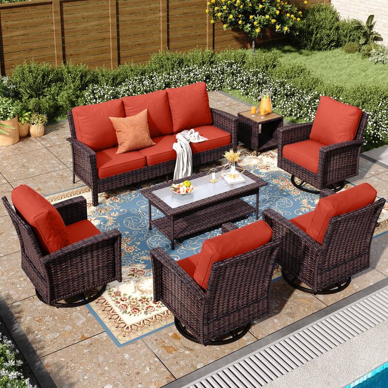 MAISON ARTS 7-Piece Extra-Large Patio Wicker Sofa Conversation Set with Table, Oversize Seat with 5.5'' Thick Padded Cushion - 7 Seats + 47'' Table + 17'' Rattan Table - Red