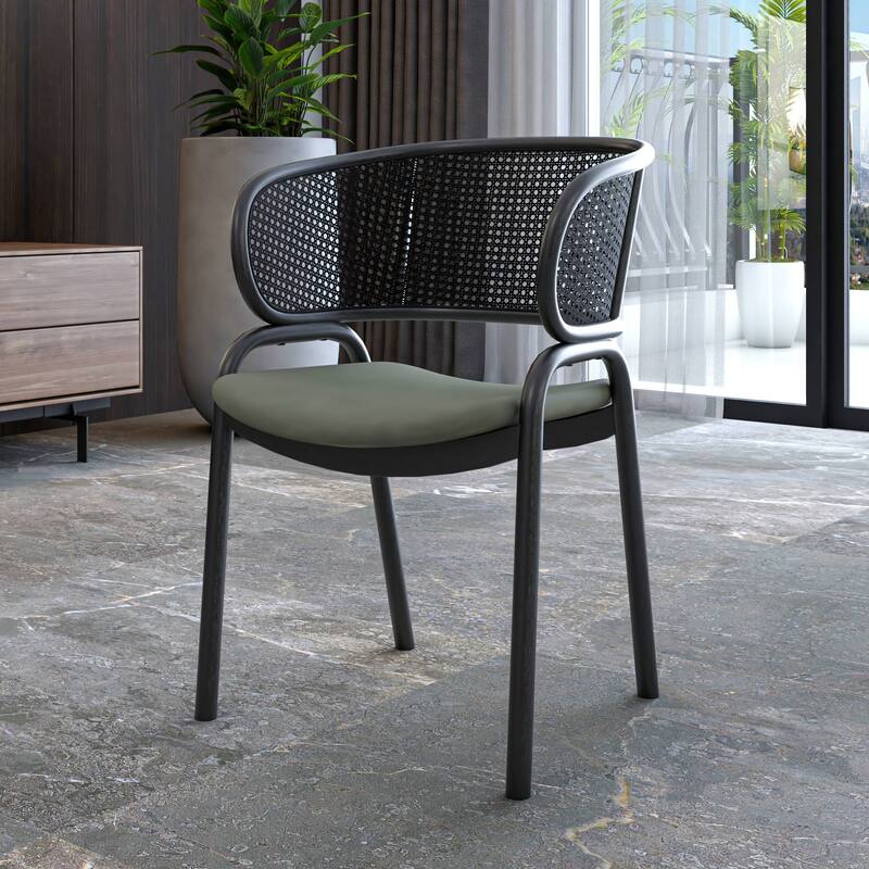 Ervilla Modern Upholstered Accent Side Chair with Wicker Back and Black Iron Legs for Dining Room & Kitchen, Set of 2