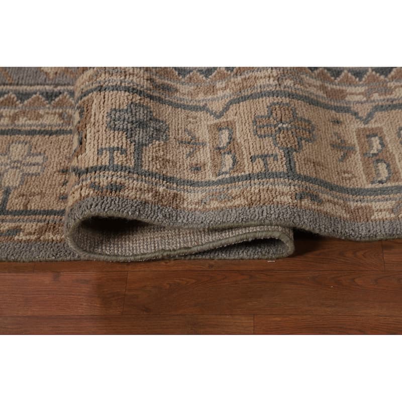 Geometric Khotan Indian Area Rug Hand-Knotted Beige Wool Carpet - 8'10" x 11'10"