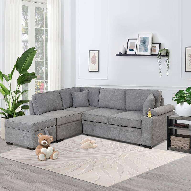 87.4" 2 in 1 Pull Out Sleeper Sofa Bed L Shape Couch with Storage Ottoman - Gray