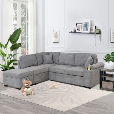 87.4" 2 in 1 Pull Out Sleeper Sofa Bed L Shape Couch with Storage Ottoman