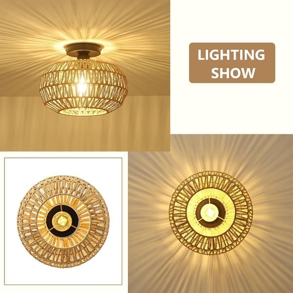 ZORYATA 24" Boho Rattan Ceiling Light – Hand-Woven Wicker Flush Mount With Gold Base, Dimmable