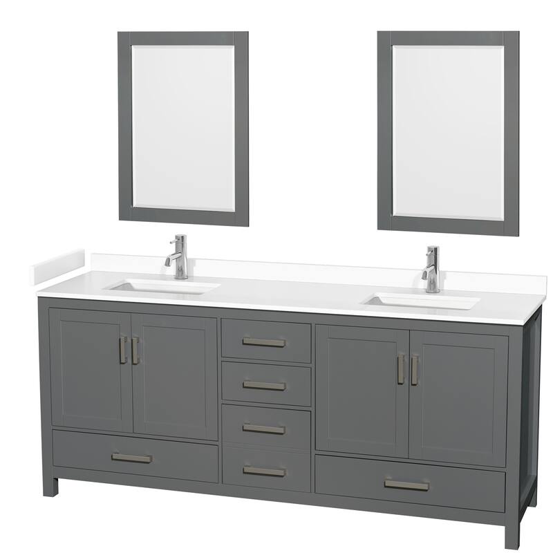 Sheffield Double Bathroom Vanity Set, Cultured Top, 24-Inch Mirrors - 80-Inch Double - Dark Gray, White Cultured Marble Counter