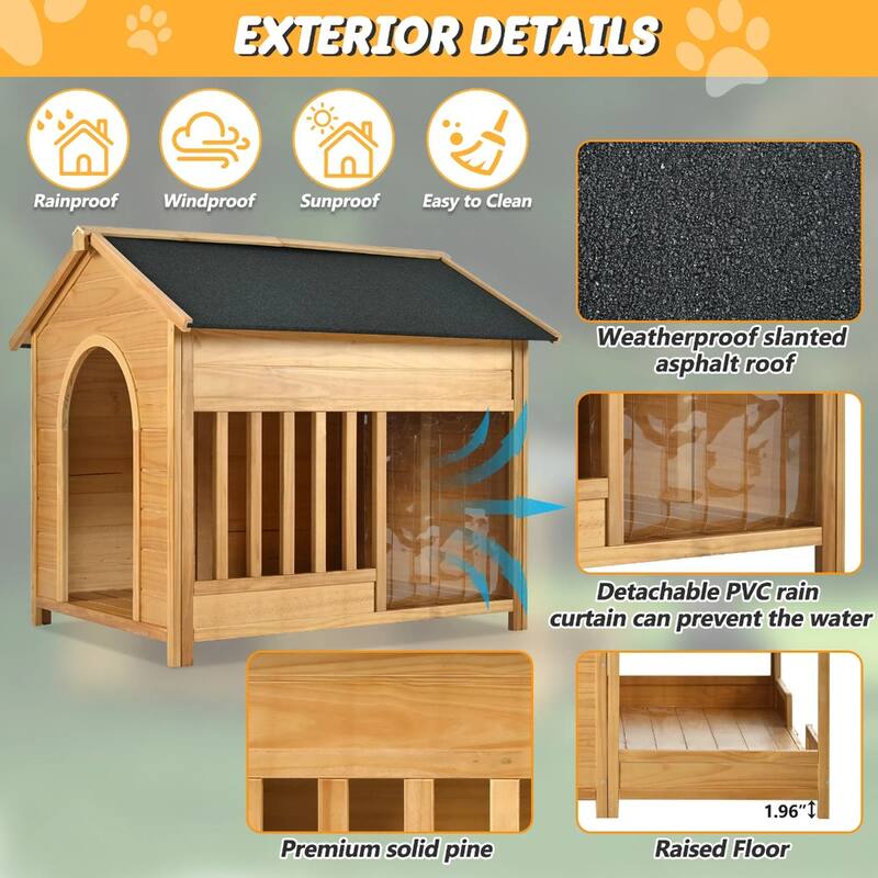 Large Natural Dog House With Asphalt Roof,Dog Houses For Large Dogs,Dog Kennel With Doors,Dog Houses Outdoor-Cuddlewood