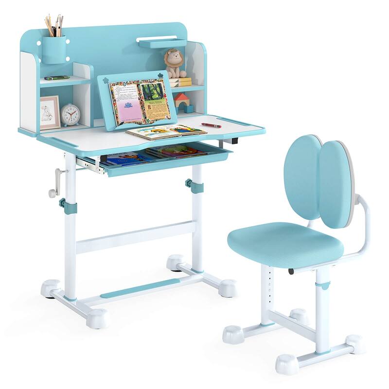 Costway Kid’s Study Desk & Chair Set with Tilt Desktop, Pen Holder & - See Details - Navy