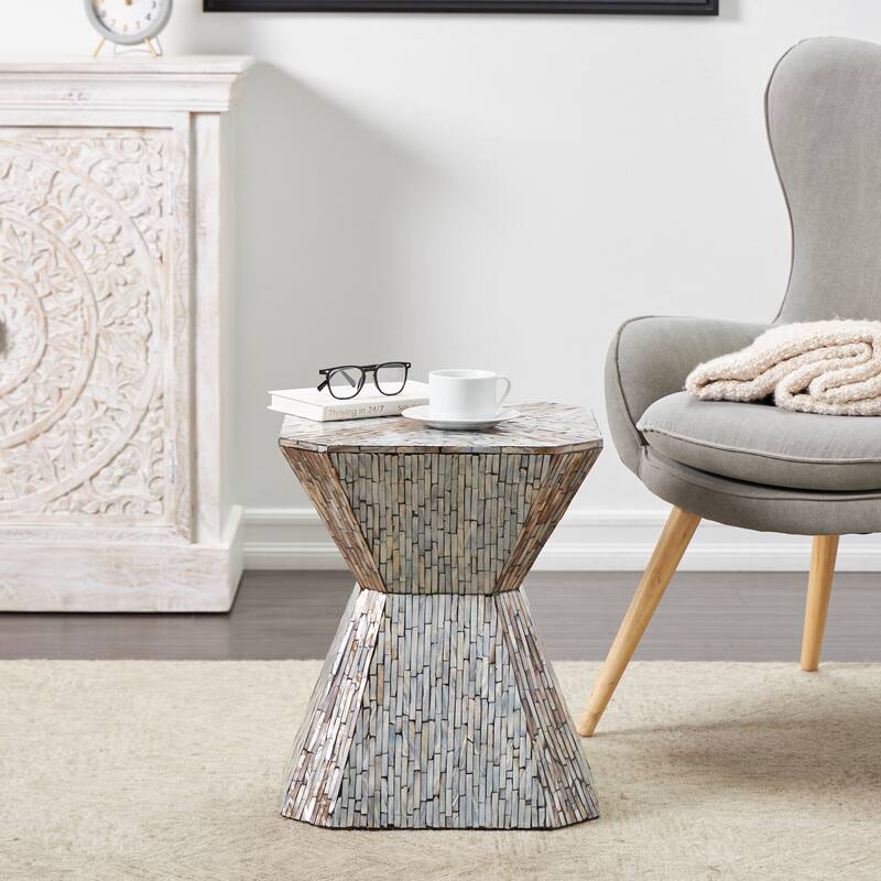 Gray Mother of Pearl Shell Hourglass Geometric Accent Table with Linear Mosaic Pattern