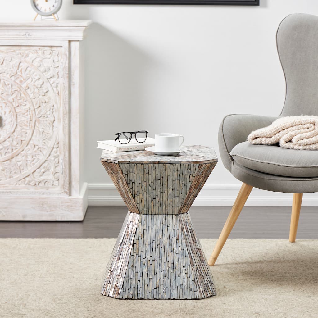 Gray Mother of Pearl Shell Hourglass Geometric Accent Table with Linear Mosaic Pattern