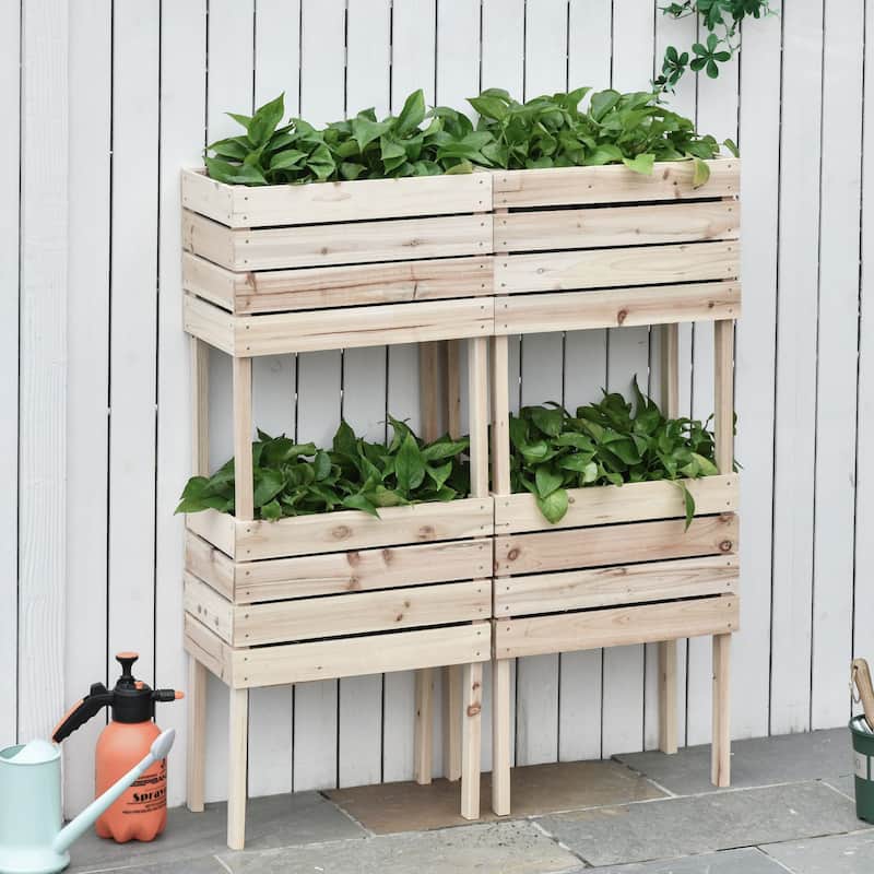 Outsunny 4-Piece Raised Garden Beds Wooden Outdoor Planter Boxes with Different Stacking Arrangements - 19.75"L x 11.75"W x 23.5"H - Natural