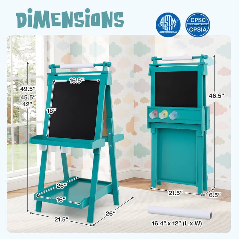 Kids Adjustable Art Easel with Chalkboard Whiteboard Paper Roll and Storage Folding Wooden Drawing Board - 21.5" x 26" x 42"
