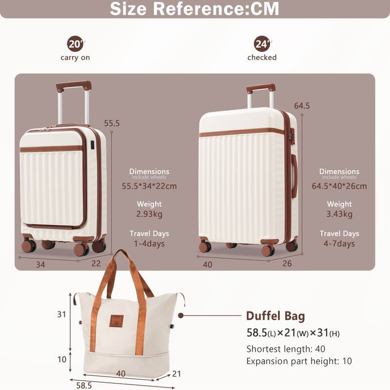 3-Piece Modern Front-Opening Luggage Expandable Luggage with USB Port and TSA Lock, for Boarding Travel, Brown+White