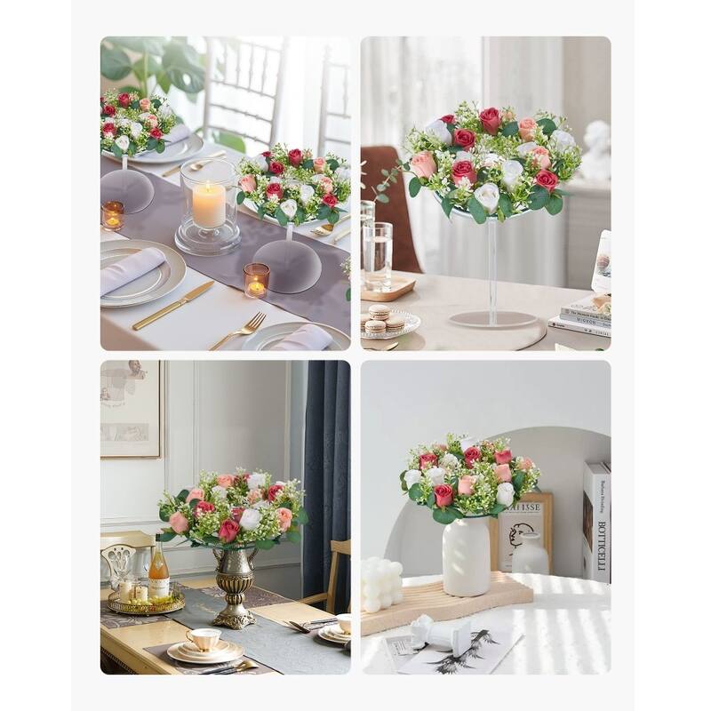 Pink White Silk Rose Wreath Centerpieces Set of 10 with Base - 13.4 x 13.4 x 3.5 inch