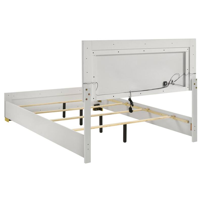 Dex Full Size Bed with LED Framed Headboard, White Wood Finish, Gold Legs