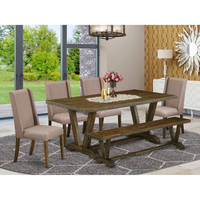 Modern 6-Piece Dining Set - Linen Fabric Chairs, Bench & Rectangular Table