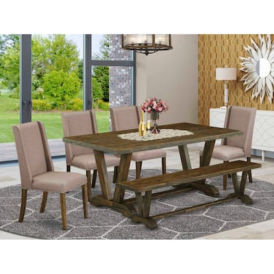 Modern 6-Piece Dining Set - Linen Fabric Chairs, Bench & Rectangular Table