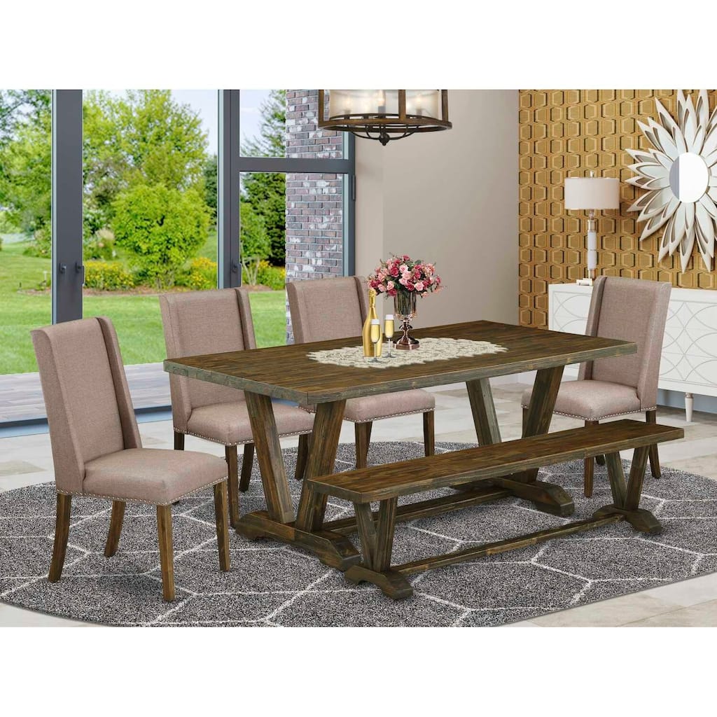 Modern 6-Piece Dining Set - Linen Fabric Chairs, Bench & Rectangular Table