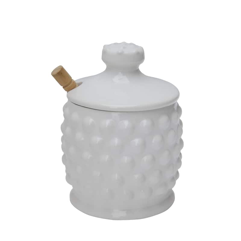 White Ceramic Hobnail Style Honey Jar with Lid & Wood Dipper (Set of 2 Pieces)