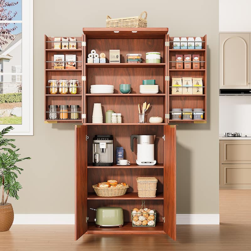 72" Tall Kitchen Pantry Modern Fluted Wood Storage Cabinet with Doors,6 Door Shelves, Organizer, Versatile Cupboard