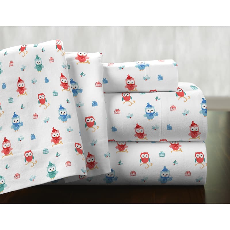 Pointehaven 175 GSM Cotton Flannel Bed Sheet Set with Oversized Sheets - King - Owl