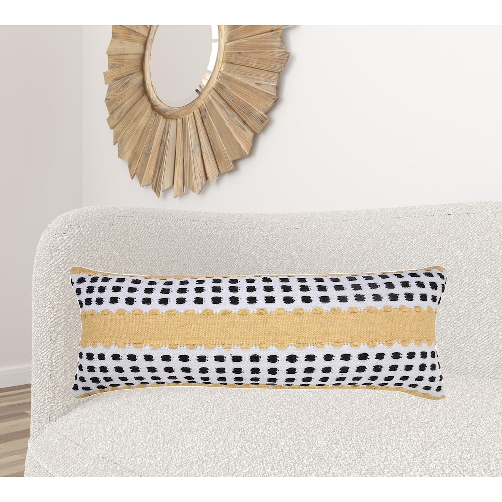 HomeRoots 14" X 36" Yellow Black And White 100% Cotton Striped Zippered Pillow