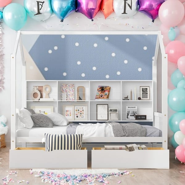 slide 2 of 24, Modern Twin Size House Bed Kids Bed with 2 Drawers and Storage Shelf,Solid Construction White