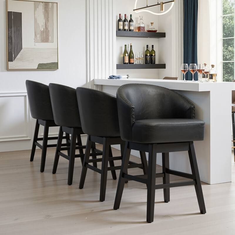 26.4"H Swivel Faux Leather Upholstered Solid Wood Counter Stools - Set of 4 - 26.6''-Black Cushion+Black Legs