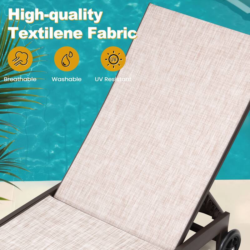 Outdoor Patio Aluminum 5-Position Adjustable Chaise lounge Chairs with Wheels