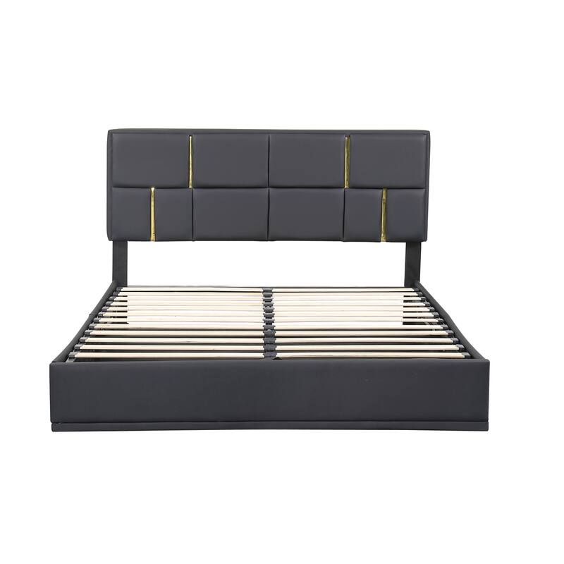 Gold Striped Lattice Headboard Bed Frame, Lift Up Storage Platform Bed, Under-Bed Storage Space Low Profile Bed, Wood Panel Bed