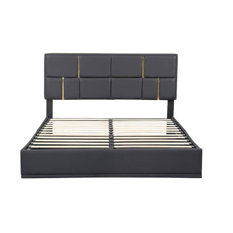 Upholstered Platform Bed Frame, Queen Size Hydraulic Storage Bed with Gold Decorative Headboard, Wooden Slats Support