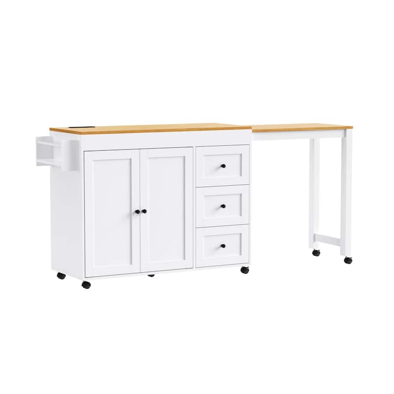 Extendable Dining Table, Rolling Kitchen Island with Power Outlet, Kitchen Storage Cabinet with Adjustable Shelve