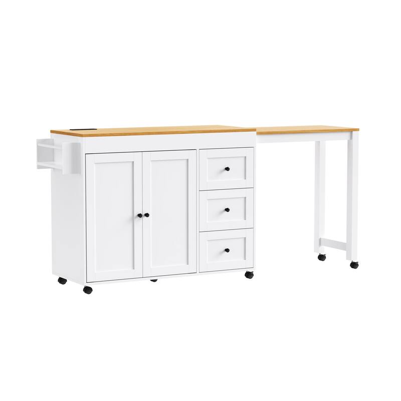 Modern Kitchen Island with Extendable Dining Table, 3 Drawers, 2-Door Cabinet, Power Sockets and Spice Rack, for Kitchen