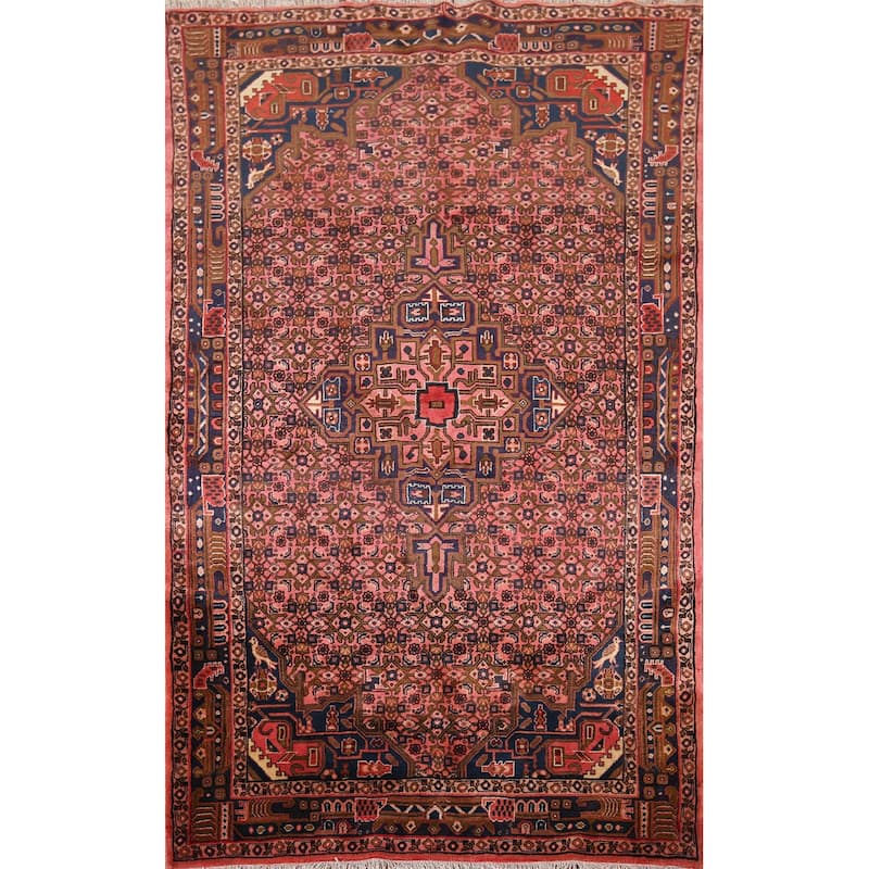 Pink Geometric Zanjan Vintage Persian Rug Hand-Knotted Wool Carpet - 4'9" x 7'7"