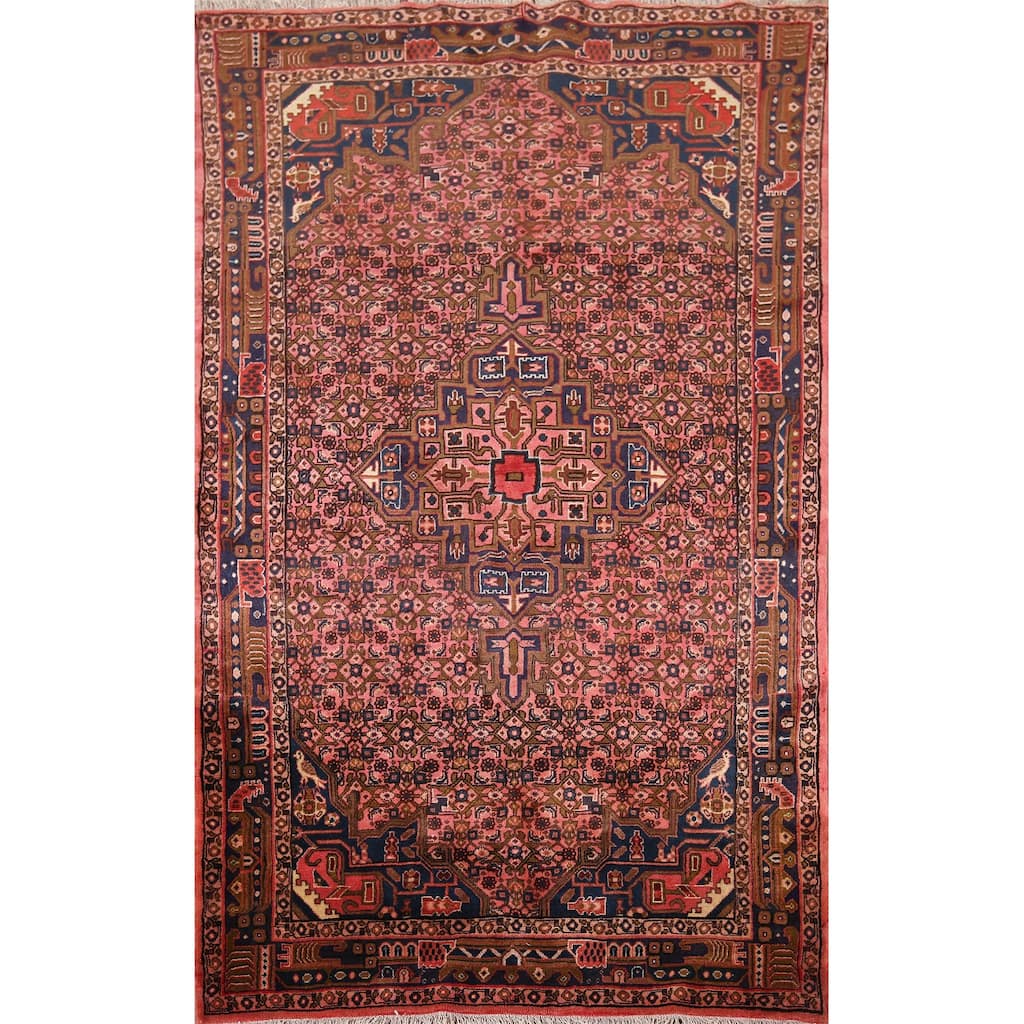 Pink Geometric Zanjan Vintage Persian Rug Hand-Knotted Wool Carpet - 4'9" x 7'7"