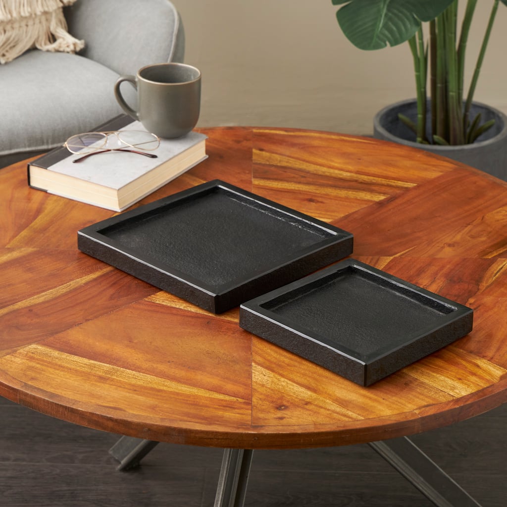 Black Marble Minimalistic Slim Textured Living Room Decor Tray (Set of 2)