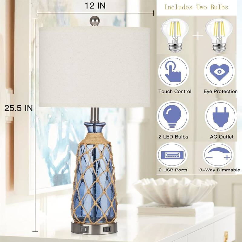 3-way dimmable touch control bedside lamp with 2 USB ports