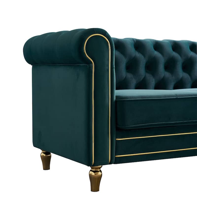Modern Chesterfield Couch with Button Tufting, High-Density Foam & Gold Accents - 85'' Wide