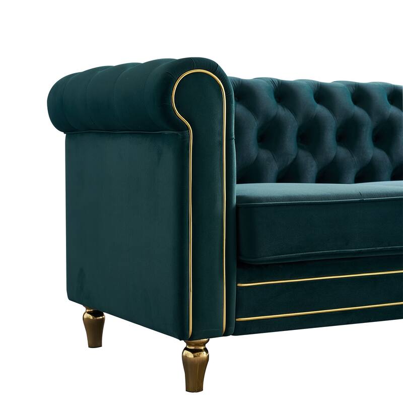 Velvet Chesterfield Sofa, 3-Seater with Rolled Arms, Tufted Back, Metal Legs for Living Room