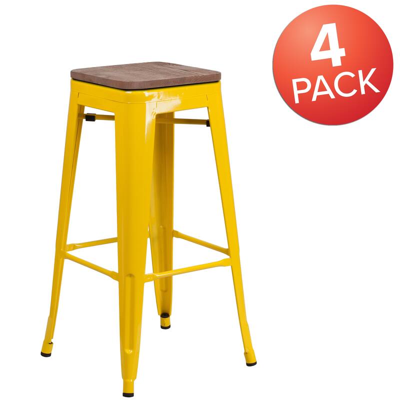 4 Pack 30" High Backless Metal Barstool with Square Wood Seat - Yellow