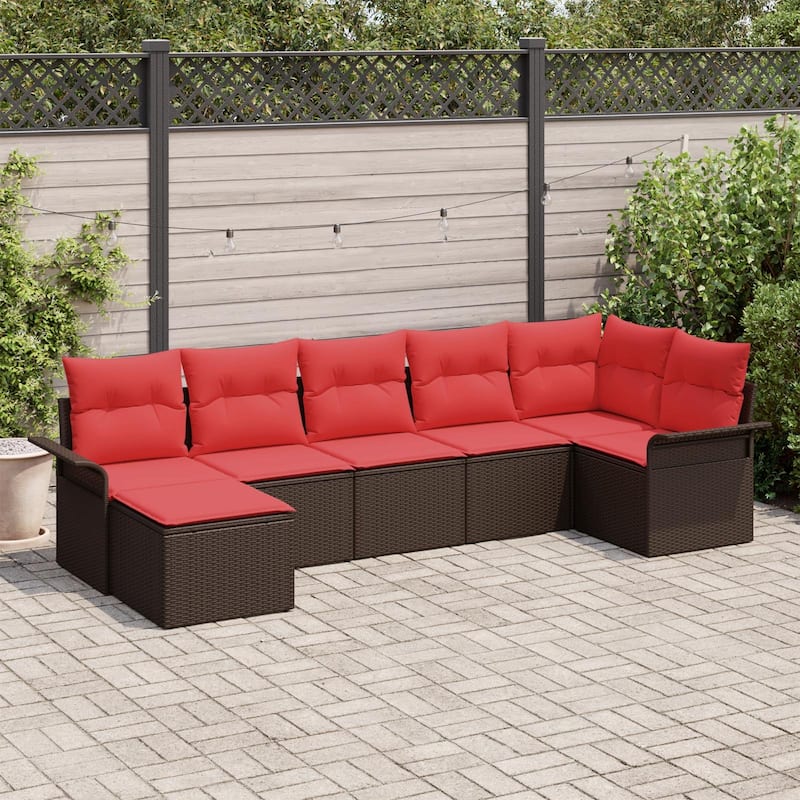 vidaXL 7/8 Garden Sofa Set with Cushions Black/Brown/Grey Poly Rattan - 117.1 x 52.2 x 27.2 - Brown without table