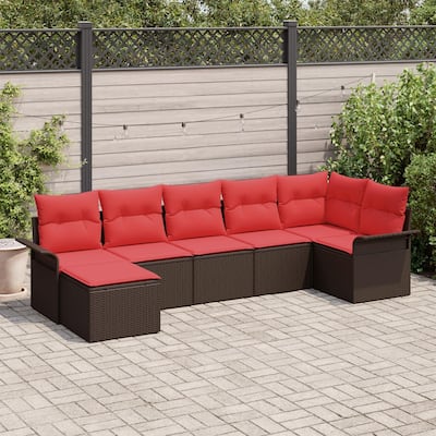 vidaXL 7/8 Garden Sofa Set with Cushions Black/Brown/Grey Poly Rattan - 117.1 x 52.2 x 27.2