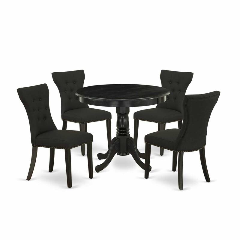HomeStock 5-Piece Round Wirebrushed Black Finish Solid Wood Top Dining Table with 4-Parson Chair with Lattice Back
