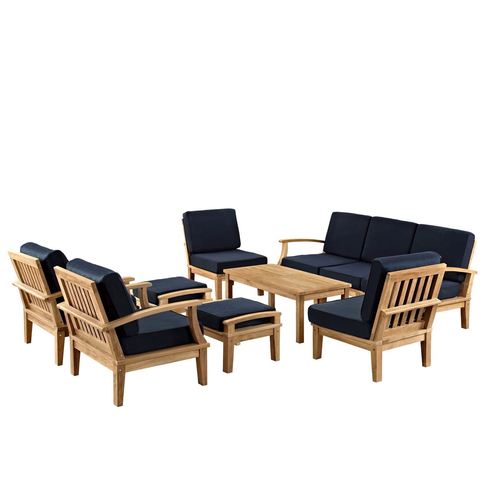 Outdoor wooden furniture set with navy blue cushions including sofa, chairs, and ottomans around a coffee table