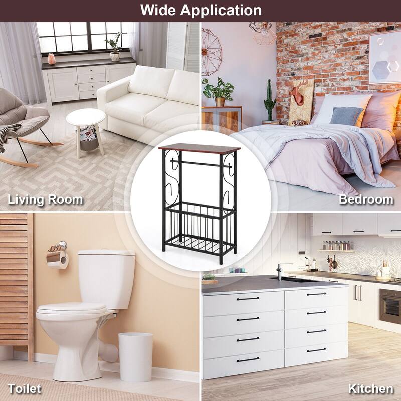 Brown Small Side End Table with Storage Basket and Black Steel Frame for Bedroom or Bathroom - 14.5" x 8" x 21.5" (L x W x H)
