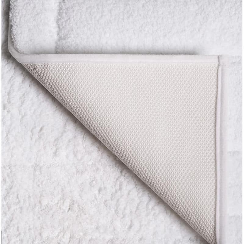 White 2 Piece Bordered Box Plush Soft Cozy 100% Polyester Bath Mat Set